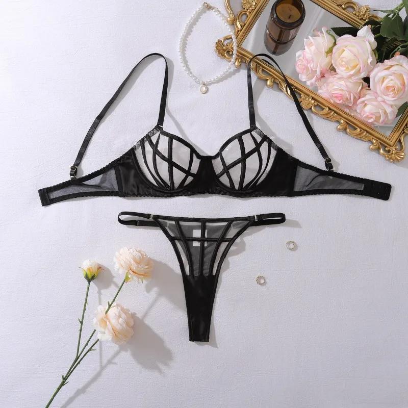 Luxury Lingeries Sexy Hot Women Erotic Costumes See Through Mesh Pusp Up Bra And Panty With Garter Belts Gloves Choker Underwear