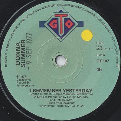 7inch Record DONNA SUMMER - I Remember Yesterday GT107 GTO 1977 UK Soul/Funk Used