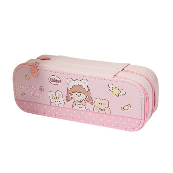 Dual-Layer Pencil Case Faux Leather Cute Stationery Bag Large Capacity Portable Pen Pouch for School Office Supplies E