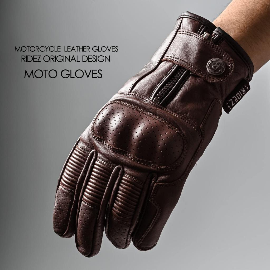 RIDEZ Genuine Leather Motorcycle Protective Smartphone Cowhide Leather All Brown Retro American Gloves, Compatible, Men's Gloves, Season, Spring,
