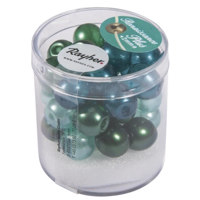 Perles en verre Renaissance, mi - transp., vert mélange, 10 mm, à grand trou, boîte 32 pièces