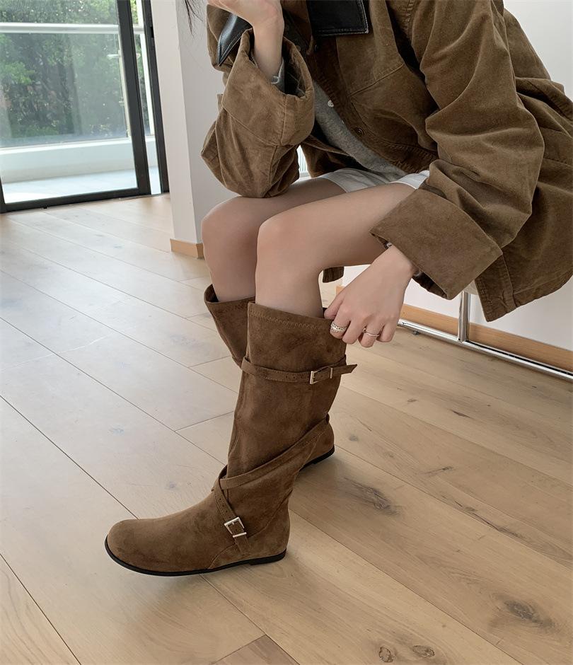 Black Boots Women's Long Boots American Daughter Style Autumn and Winter Retro Inner Height Increase But Knee Maillard Skinny Denim