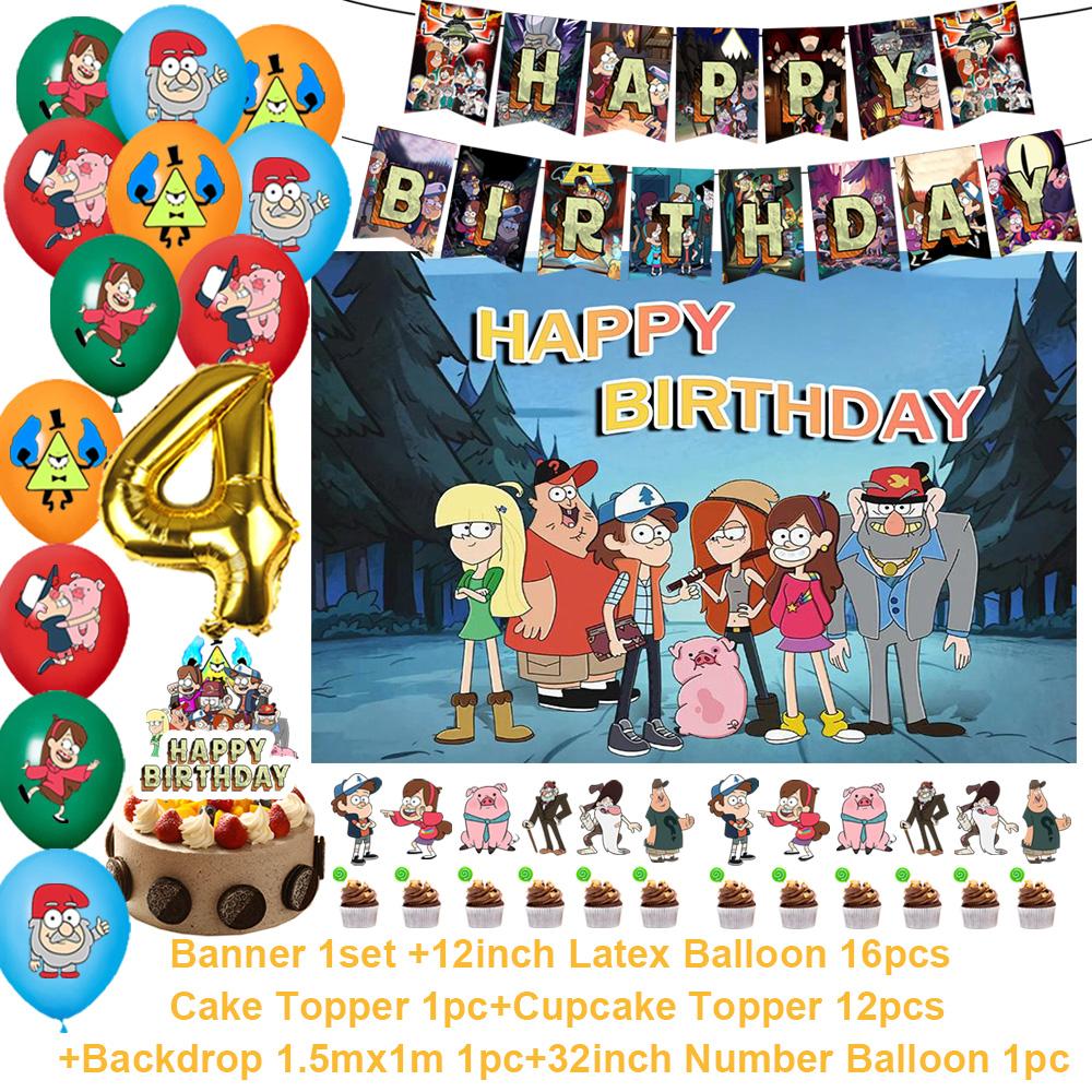 G&Gravity F-Falls Theme Birthday Party Decoration Cartoon Backdrop Banner Cake Topper Number Balloon Baby Shower Party Supplies