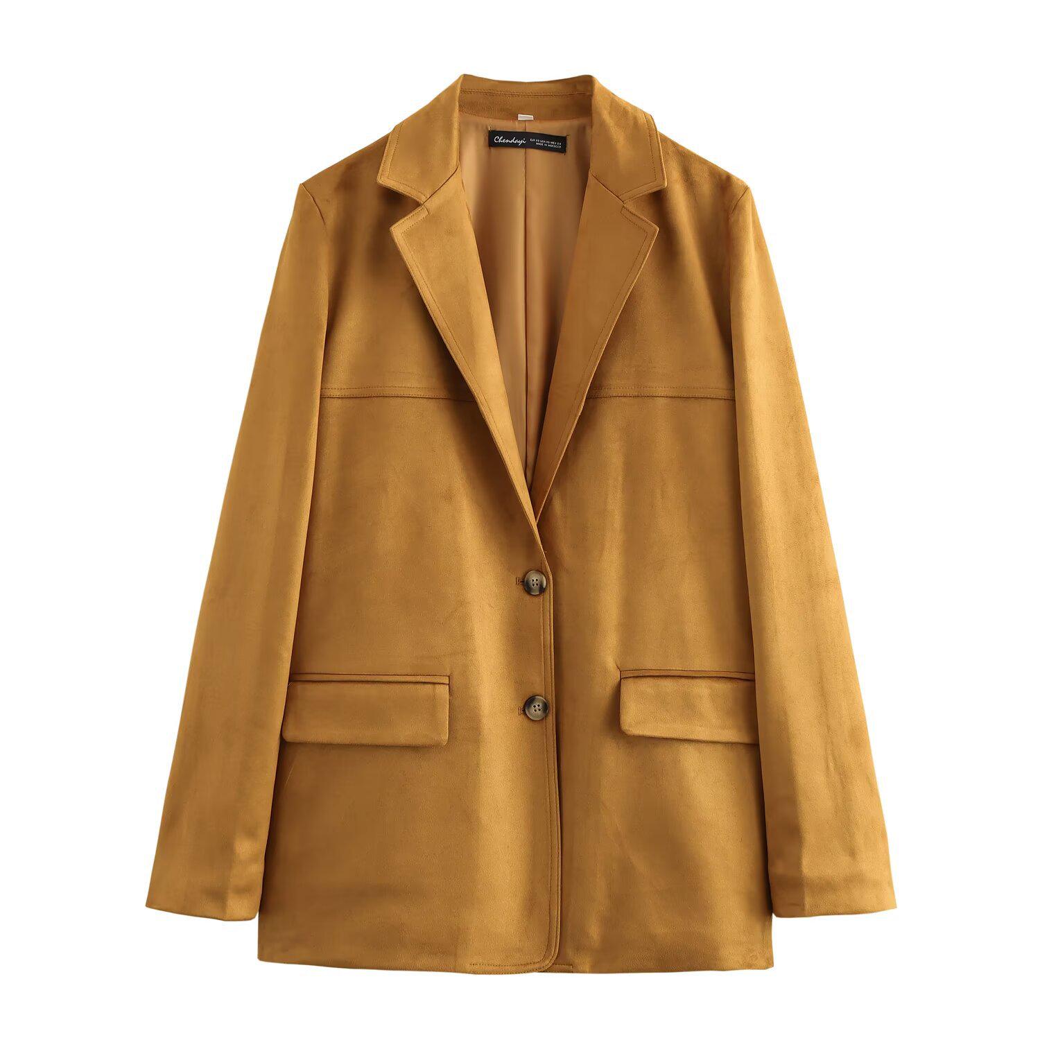 

Новый женский костюмный пиджак с замшевой текстурой 2024 - Стильная европейская и американская зимняя мода Medium светло-коричневого