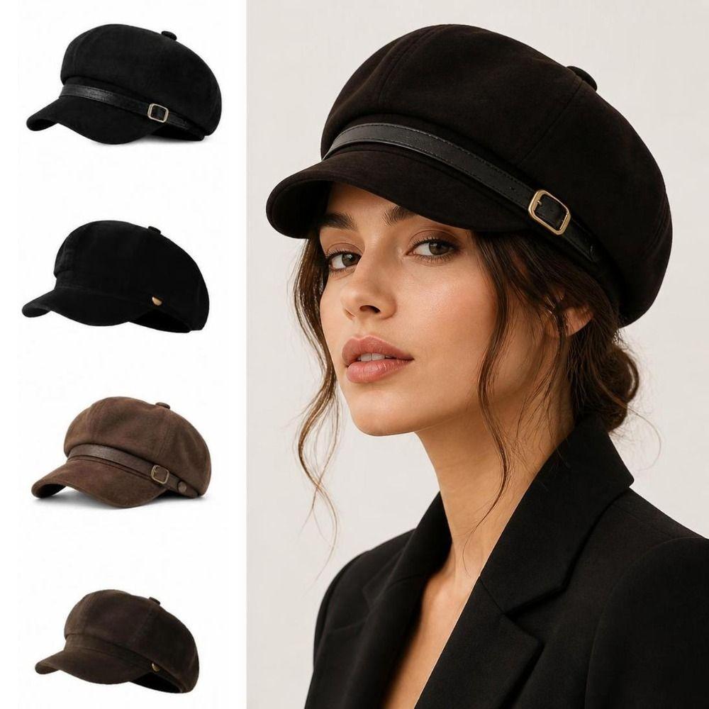 Leather Belt Decor Newsboy Cap Octagonal Suede Cap Retro Baker Boy Cap  Autumn Winter