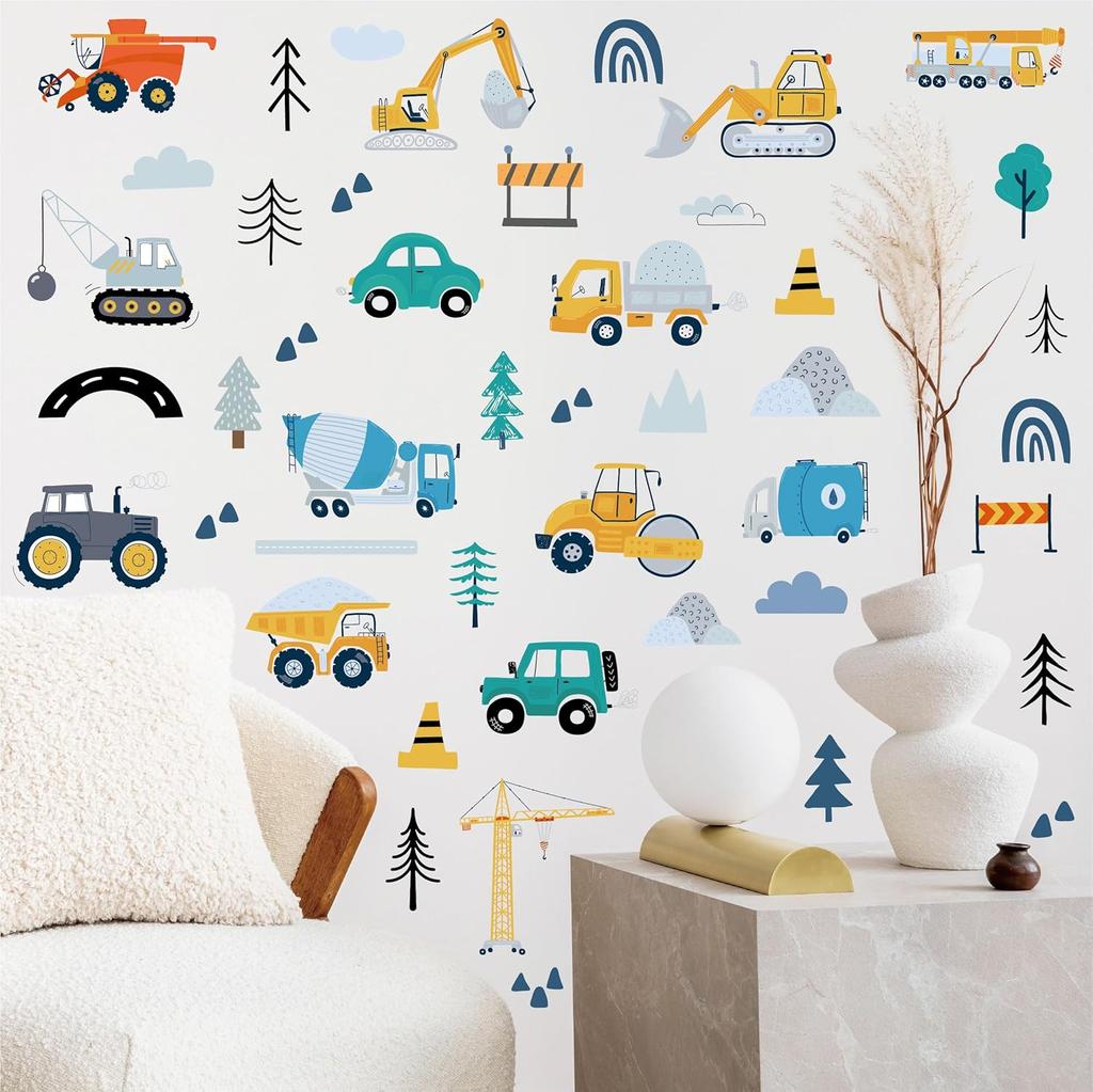90Pcs Construction Vehicle Wall Decals – Peel Stick Vinyl Stickers For Kids Room Nursery Playroom