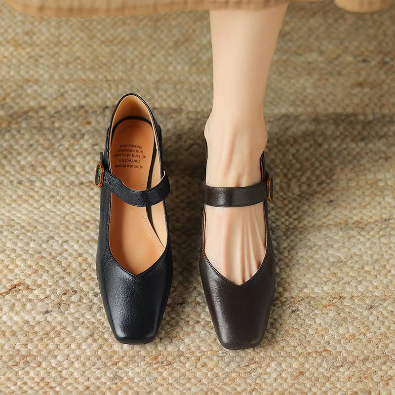 Krazing Pot Sheep Skin Square Toe Chunky High Heels Spring Summer Mary Janes Shoes Vintage Plus Size 42 Women Pumps