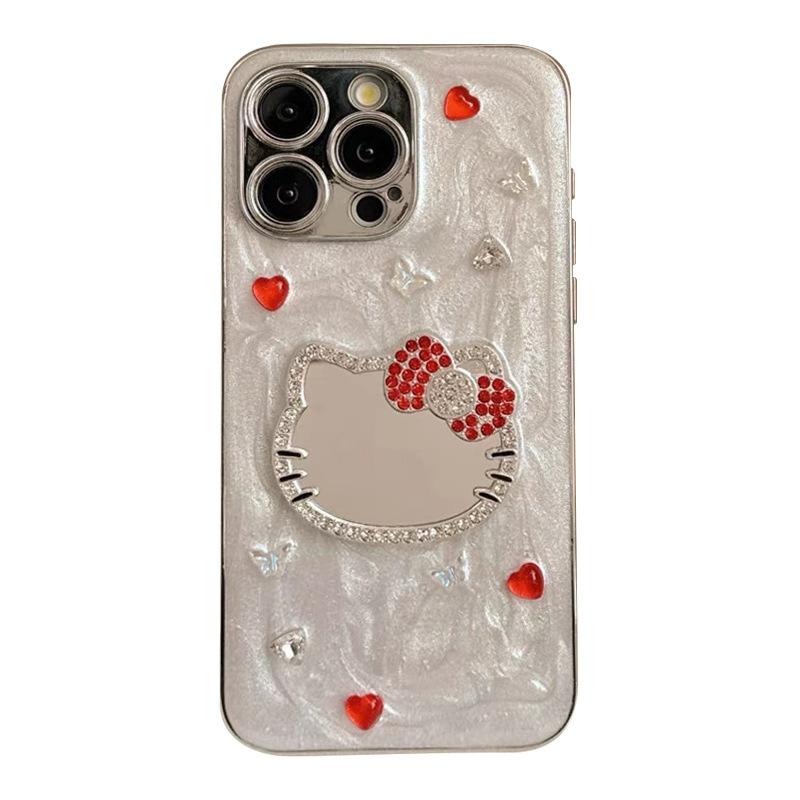Rhinestone glass Kt cat mirror mobile phone case for Iphone17Promax Epoxy glitter Apple 16 women