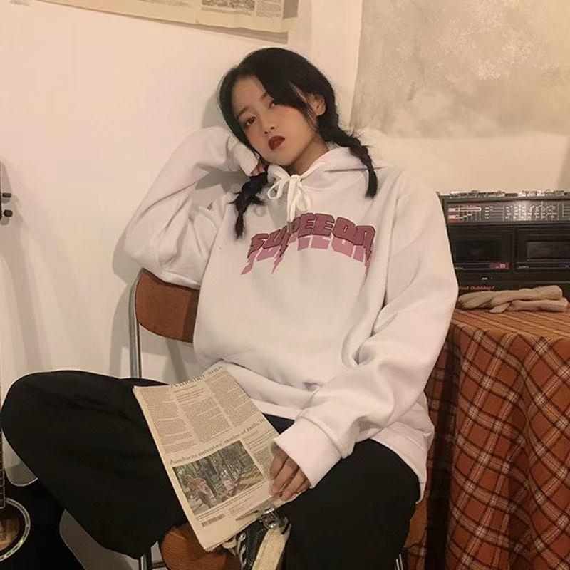 Women's 2026 Printed Velvet Hoodie - Winter Loose Fit, Korean Style, Perfect for Lazy Days or Student Wear in Spring and Autumn.
