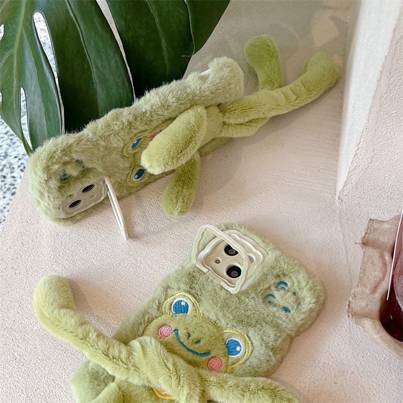 Cute Frog Creative Pull-Out Anti-Fall Cartoon Doll Plush Case for Apple 12/ 13/ 14 Pro Max.
