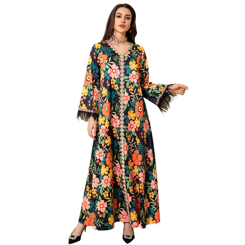 AB359 Stylish Long Robe with Feather Details: European & American Muslim Fashion