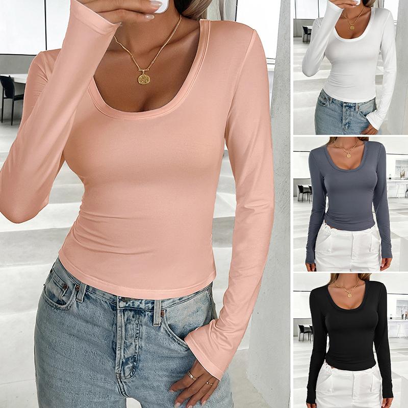 

Y2K Ladies Autumn Winter Long Sleeve U Collar Solid Color Slim Fit Pullover T Shirt Top S