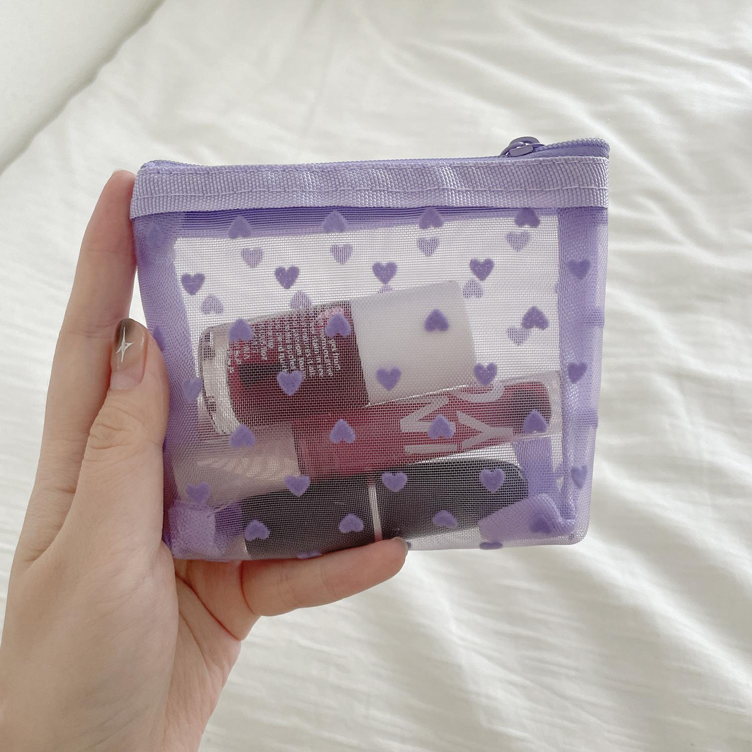 

Purple Velvet Mesh Love Makeup Bag Cosmetic Bags Makeup Pouch Transparent Storage Bags Make Up Organizer Bag Toiletry Bag