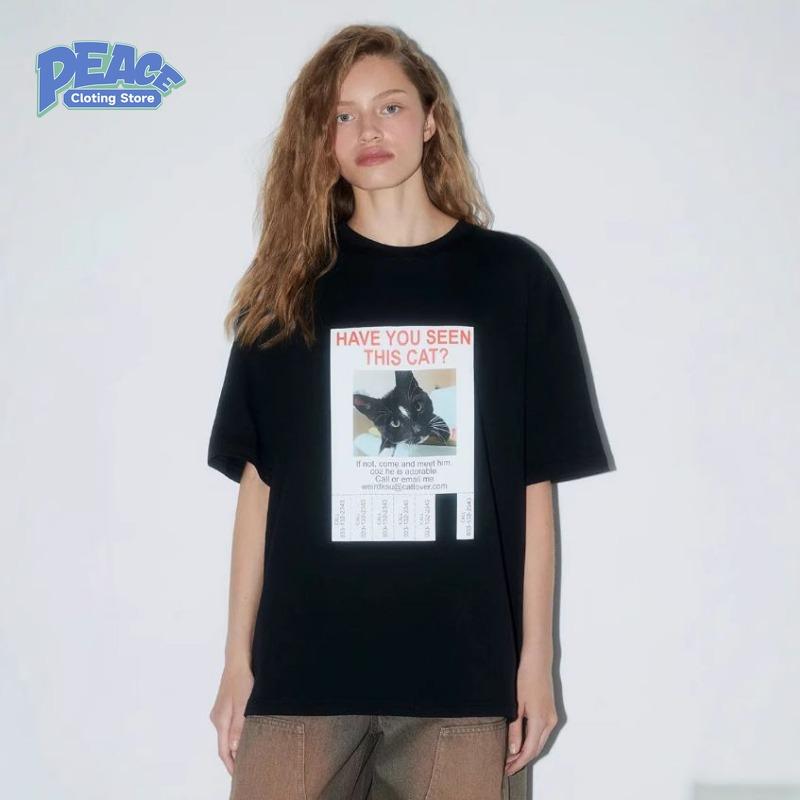 Cute Black Cat Printed T-shirt for Women Summer 100% Cotton T-shirt Fashion Trend Casua Retro Black Short Sleeved Shirt 90s Top