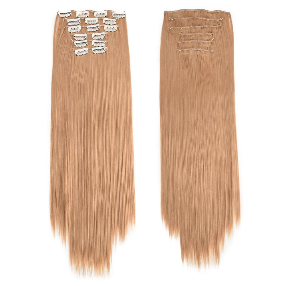 Postiche 6 pièces/ensemble Extensions de cheveux à clips pour tête entière Cheveux longs raides Couleur blond marron
