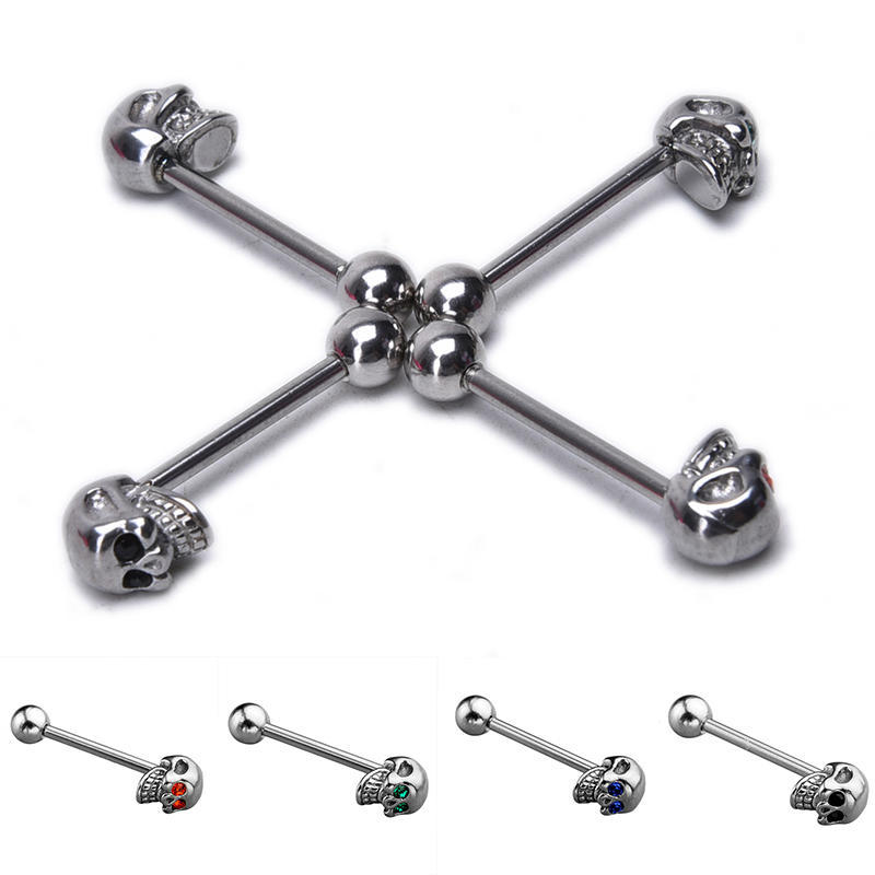 14G Edelstahl Cz Edelstein Totenkopf silbrig Zungenhantel Ring Bar Körperpiercing