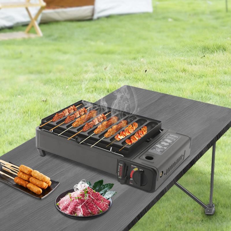 Gas Grill Stove with Sausage Grill Plate Plastic Box Portable Camping Butane Stove Adjustable Flame for Outdoor Picnic BBQ
