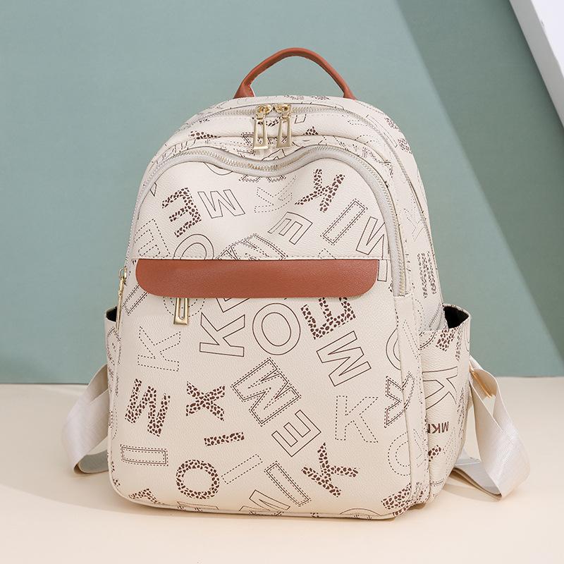 Leather Women Letter Printed Backpack Student Schoolbag Large Capacity Travel Bags