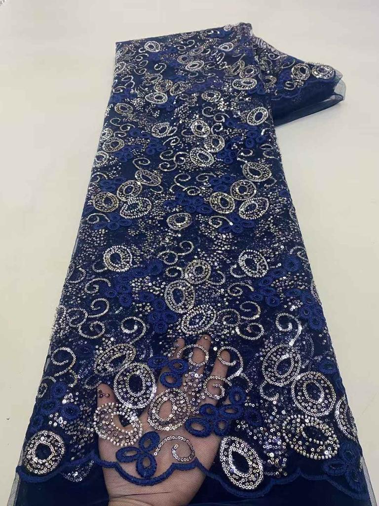 Blue African Tulle Lace Fabric 2025 French Net Sequins Fabric Sewing Embroidery With Groom Lace Tulle Mesh Nigeria Party Dress