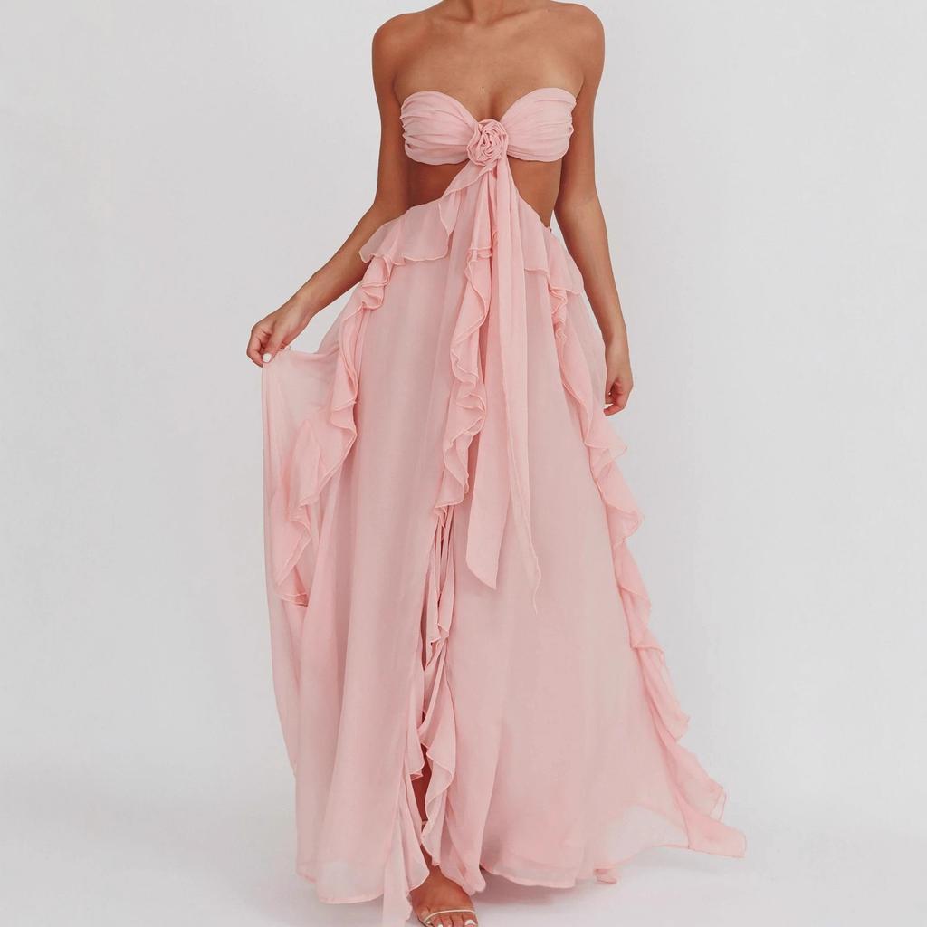 In Stock European and American Cross-border Hot Style Backless Sheer Chiffon Tie Ruffle Women's Sexy Strapless Ruffled Long Dress