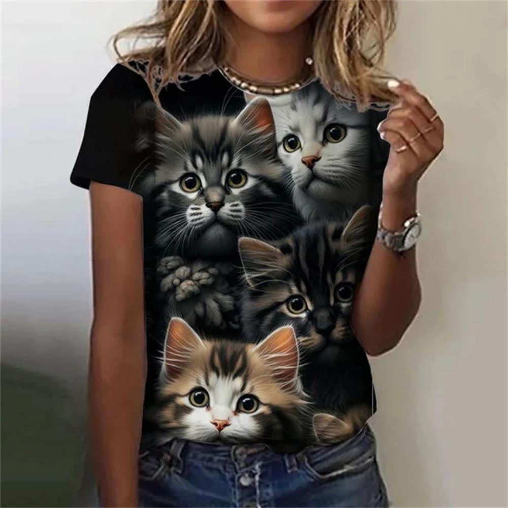 Fashionable women's T-shirt 3D printed with Kawei cat pattern short sleeved round neck top, summer outdoor casual street minimalist clothing