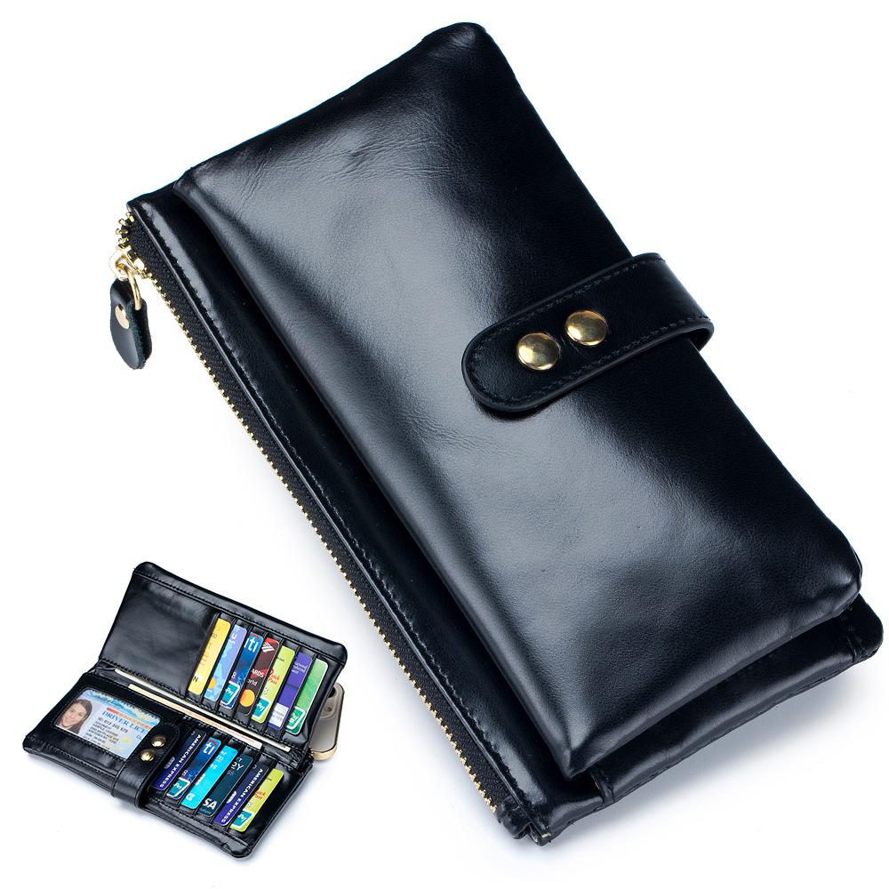 

European and American retro oil wax leather long wallet multi-card position card bag cowhide multi-function wallet mobile phone bag wholesale чёрный