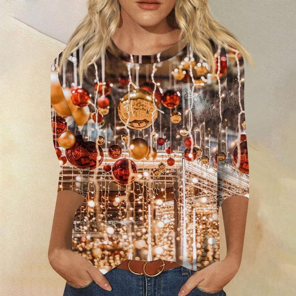 Edición Limitada de Navidad Camiseta de Mujer 3D Roja con Estampado de Árbol de Navidad Cuello Redondo Manga Larga Moda Casual Top de Manga Larga