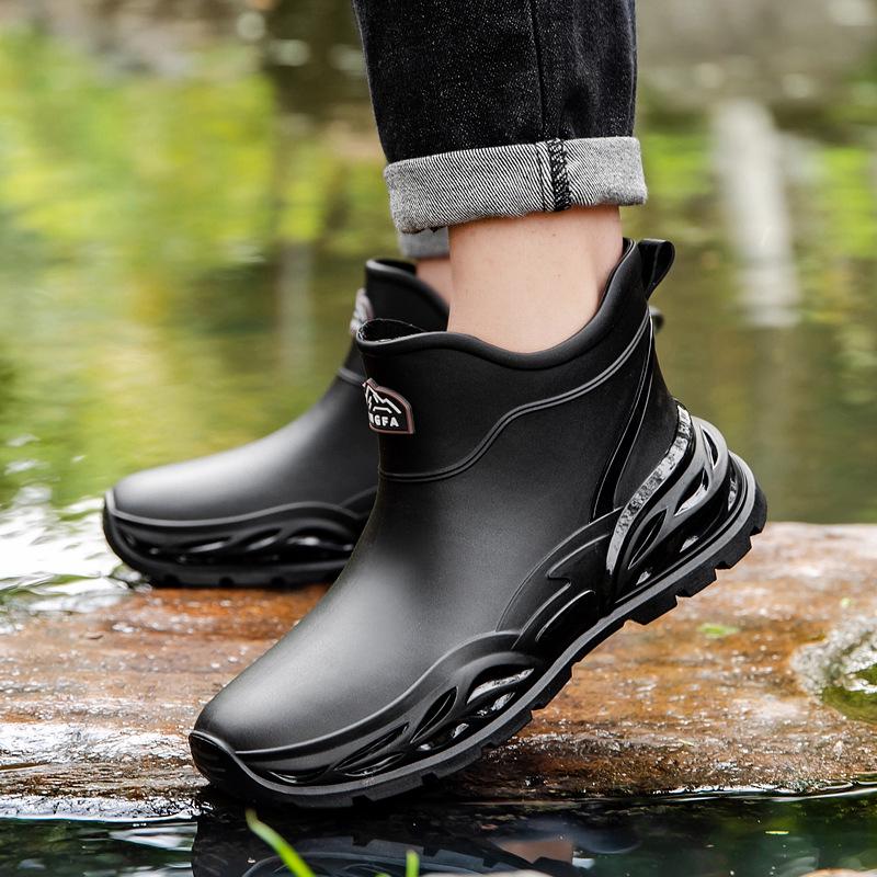 Men's Non-slip Waterproof Ankle Rain Boots - Fashionable, Wear-resistant Outdoor Rubber Shoes for Kitchen and Work.