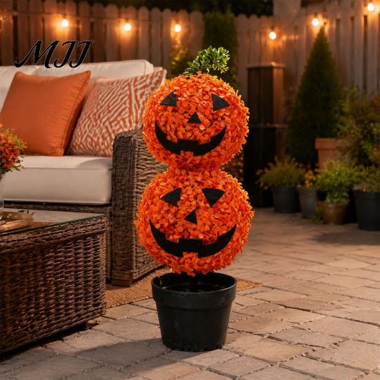 Outdoor Fall Yard Decorations Artificial Pumpkin Topiary Tree, Halloween Face Faux Boxwood Plants with Stake, Decorative Orange Autumn