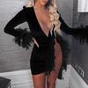 Women V-Neck Long Sleeve Solid Color Sexy Mesh  Feather Casual  Dress