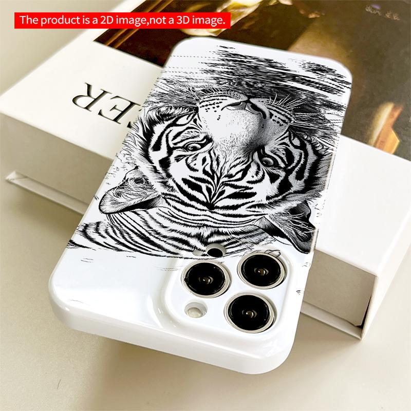 2DFlat Black and White Tiger Swimming Art Phone Case All inclusive film hard iPhone case, compatible with iPhone 18 Pro Max 17 16 15 14 13 12 11