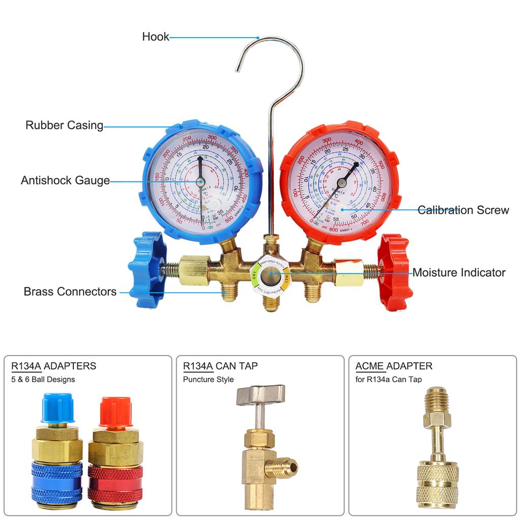 For R410A R134A R32 R404A,Manifold Meter Kit, Instrument Air Conditioner Refrigeration Fluoride Meter Kit, Diagnostic Tool