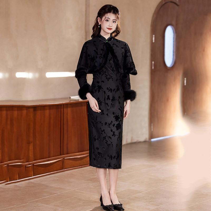 Black Fleece-Lined Modern Chinese Style Long Sleeve Cheongsam Dress With Shawl Winter Women Vintage Elegant Outfit