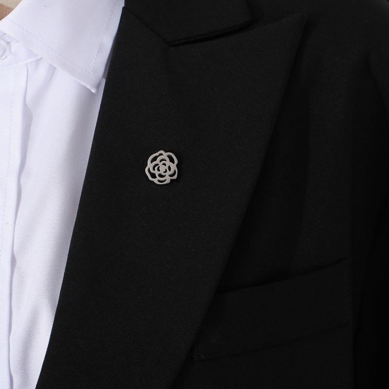 Men’s Small Rose Brooch In Stainless Steel - Gold, Silver, Black, Hollow Design, Fade-Resistant.