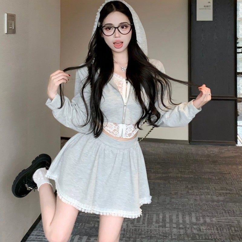 

Women s Lace Hooded Sweatshirt Jacket & High Waist Skirt Set - New 2025 Autumn Collection Small