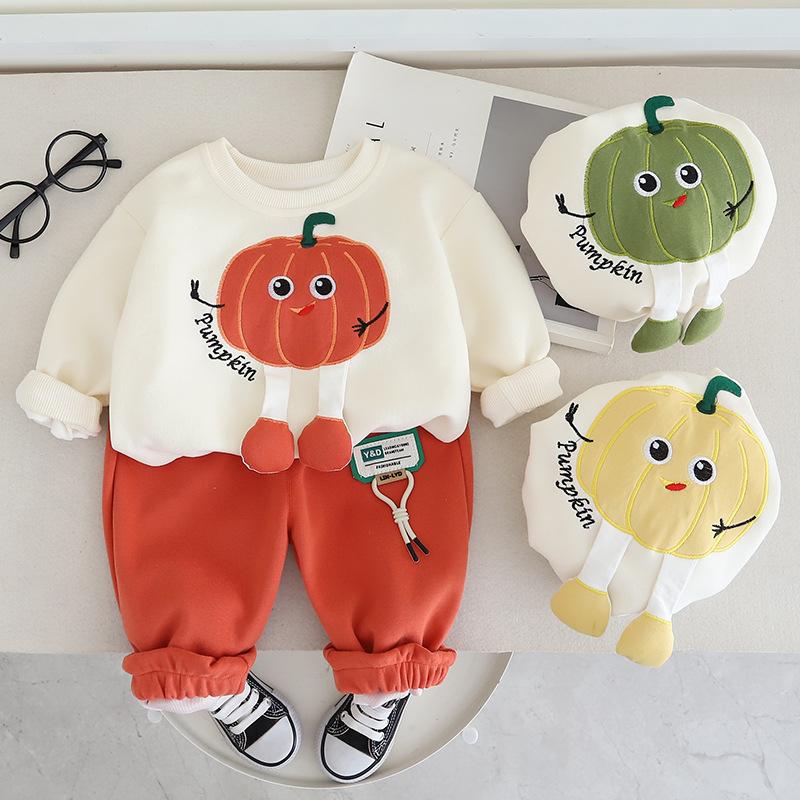Boys and Girls' Elegant Round Neck Set, Spring and Autumn Fashion Handsome 3D Pumpkin Long Sleeve Two Piece Set