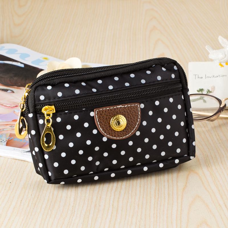 Women Polka Dots Canvas Wallet Three-layer Zipper Coin Purse Waterproof Cell Phone Bag