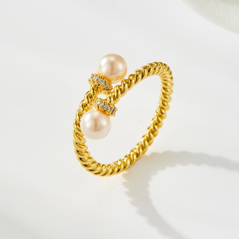 Cross Twist Glass Pearl Open Ring Elegant Commuter Stacked Jewelry Adjustable Ring Female Index Finger Ring