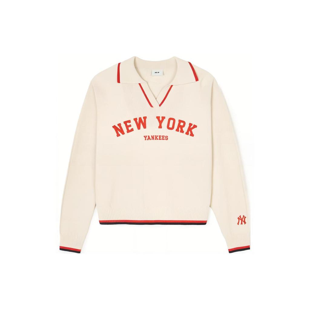 MLB SS24 New York Yankees Logo Split Neck Comfortable Breathable Pullover Knit Sweater Women sweater Cream 3FKPV0141-50CRD