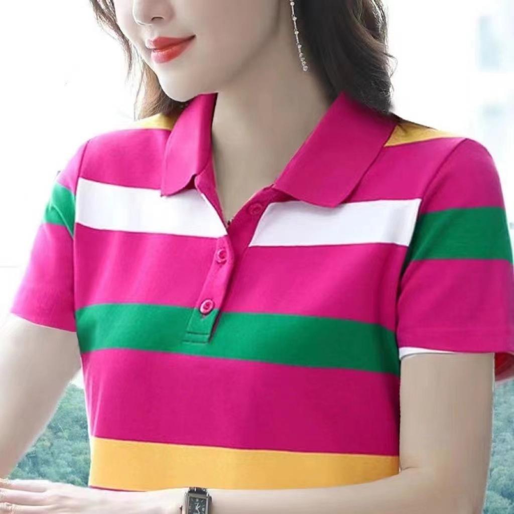 Women‘s Round Neck Short Sleeve Regular Fit Striped T-Shirt Casual Top Tee