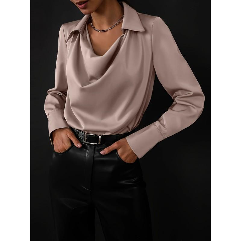 Elegant Solid Color Wrap Neck Womens Blouse Long Sleeve Office Shirt Casual Workwear