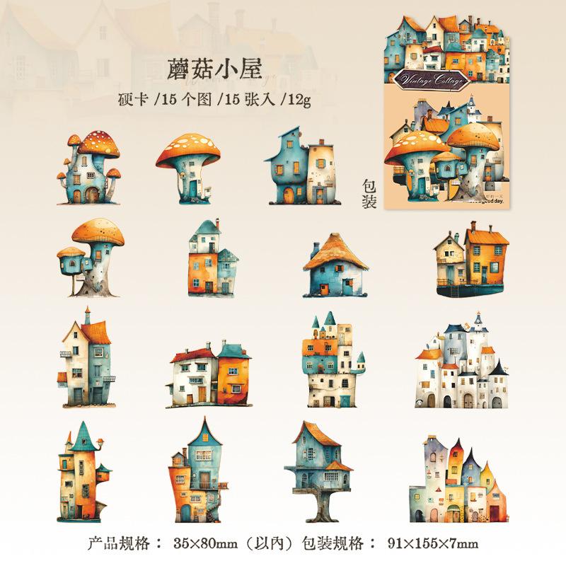 15 pcs Vintage Strange hut Architecture Hard card sticker Creativity Decorative Stick Labels Diy Diary Scrapbooking Supplies