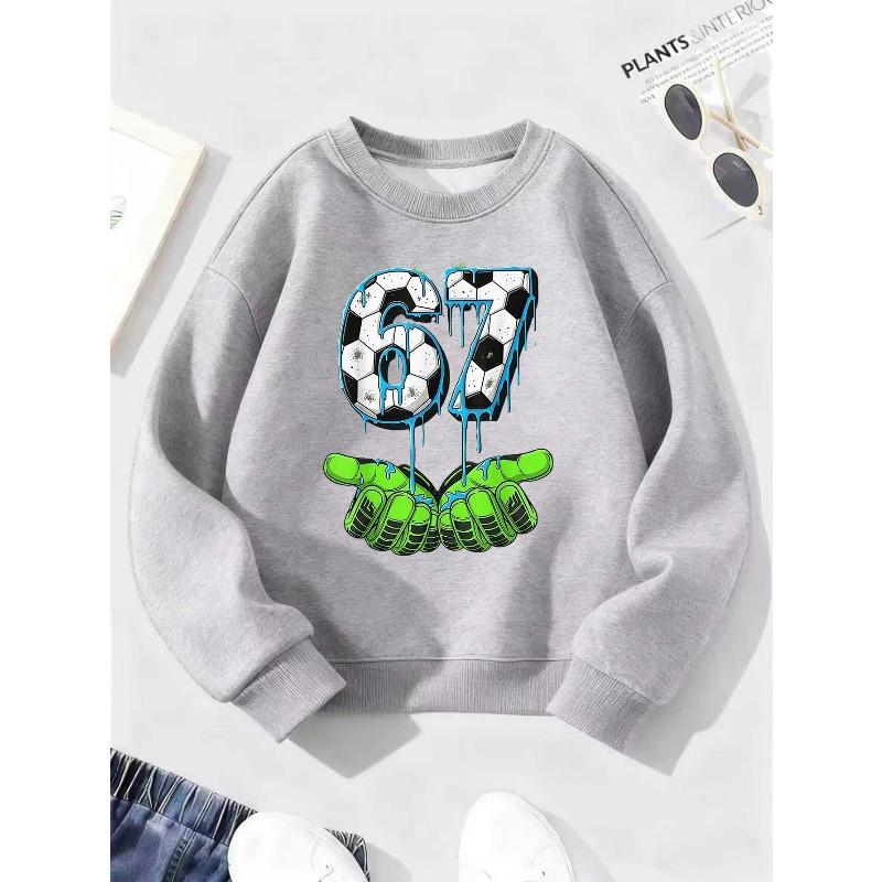 Kids Unisex Crewneck Sweatshirt, Dripping Soccer Texture Number 67 With Neon Green Cartoon Cupped Hands Print Pullover For 7th Birthday Soccer Fan