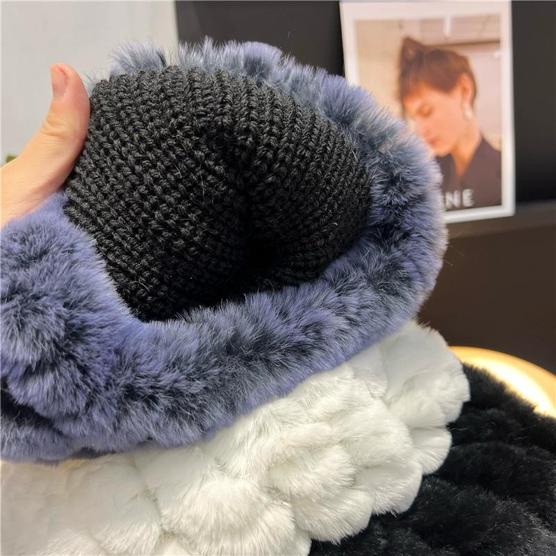 Căciulă din Blană de Iepure Rex Reală, Tricotată din Lână Caldă și Rezistentă la Frig, Versatilă pentru Toamnă și Iarnă pentru Femei