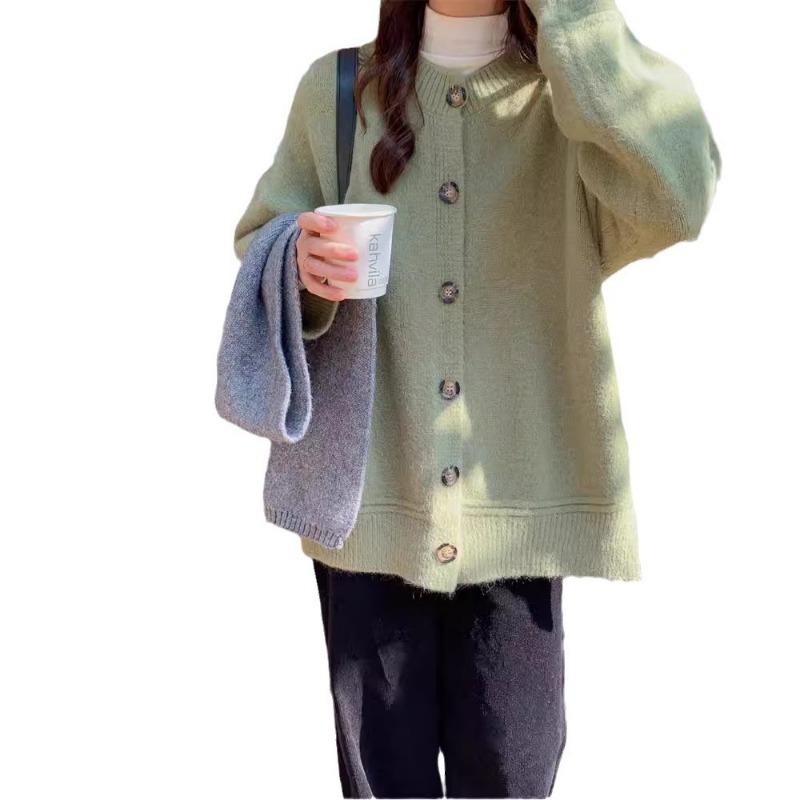 Solid color simple and versatile sweater jacket women's autumn and winter new loose casual lazy knitted cardigan top trendy