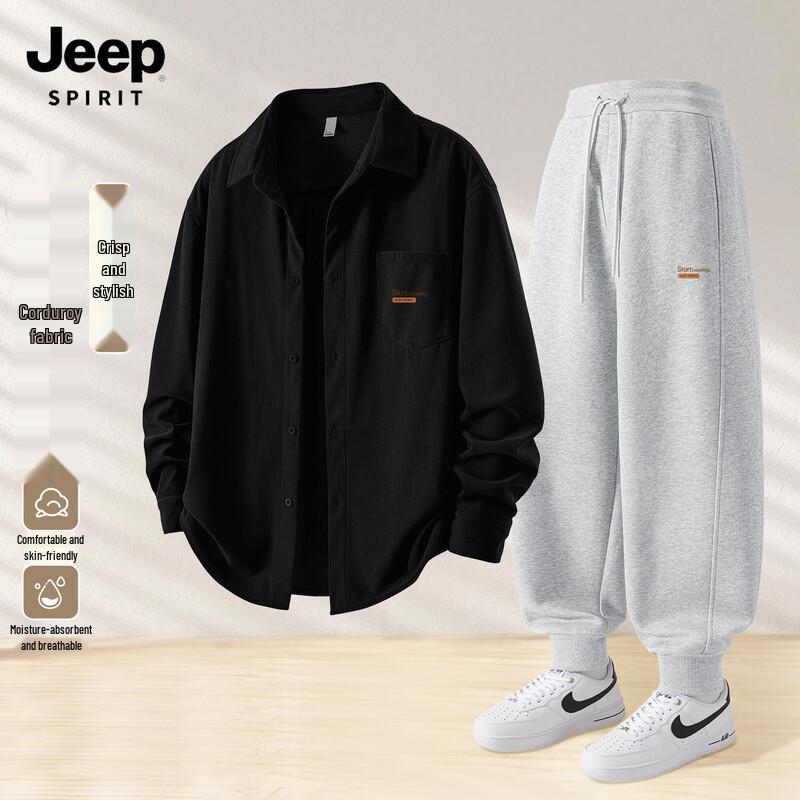 JEEP SPIRIT Men's Casual Corduroy Shirt & Sweatpants Set