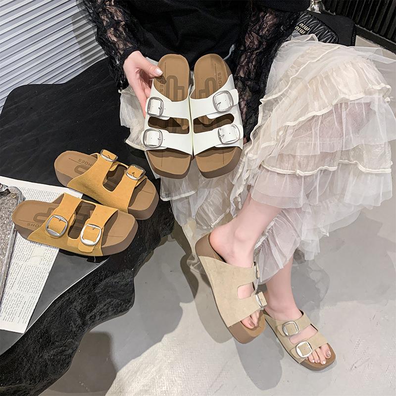 

Thick-soled retro pink one-word slippers, shoes for summer new beach vacation cool slippers 35