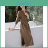 Abito Lungo Elegante in Maglia Primaverile con Scollo a V per Donna Abbigliamento Professionale da Ufficio