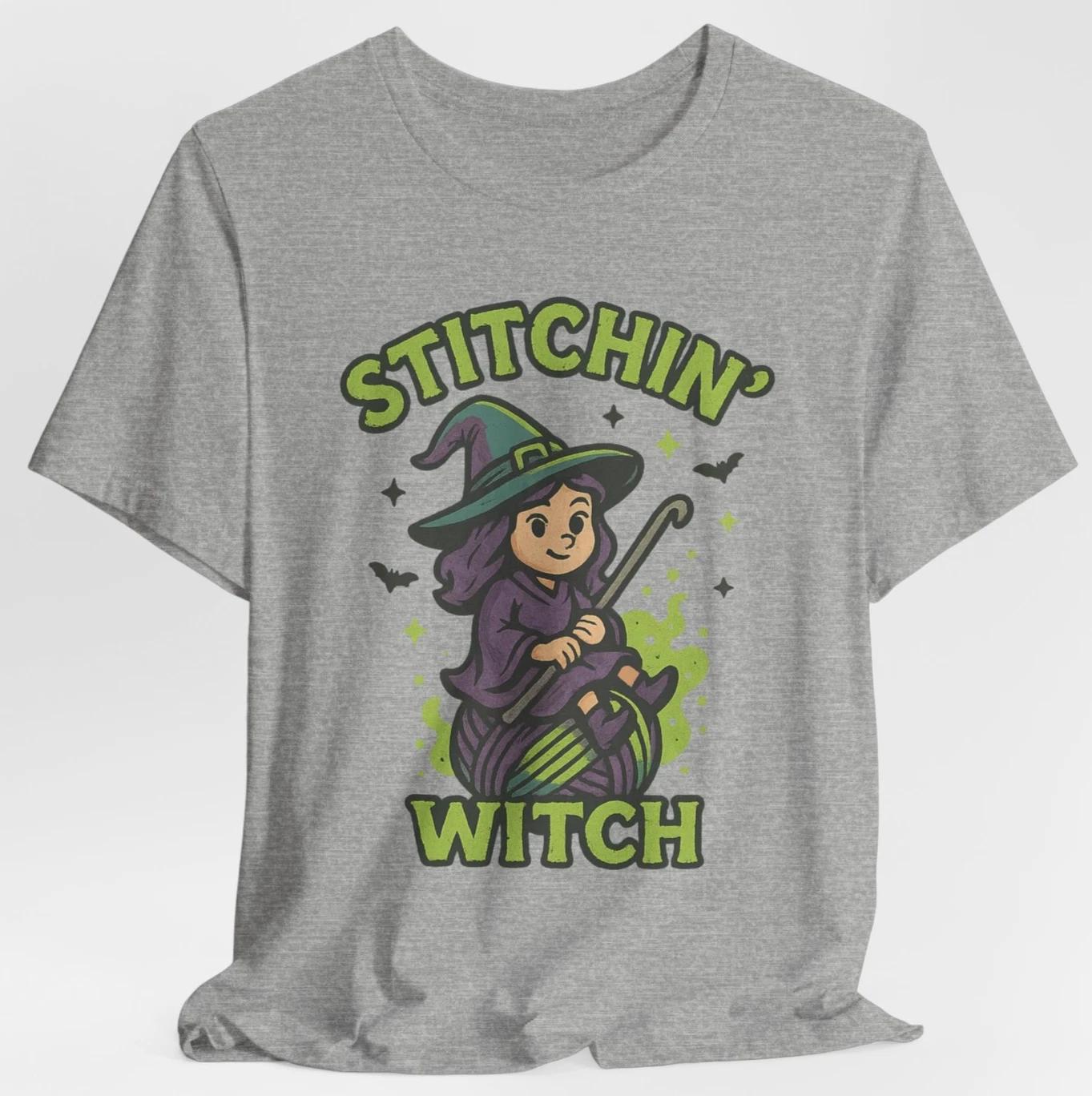 Stitchin Witch Halloween T-Shirt Funny Crochet Knitting Yarn Witch Tee L