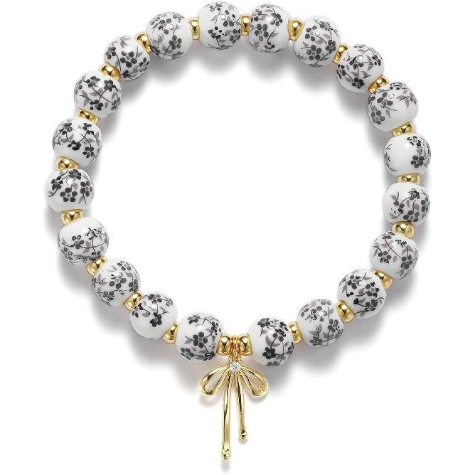 Beaded Bracelets for Women,Bow Charm Blue Flower Gold Plated Jewelry Women